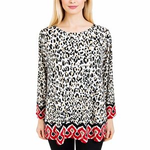 Chicos Jersey Knit Leopard Tunic Ikat Hem Boxy Lagenlook Chic Artsy Size 3 = XL